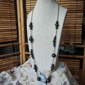 Asymmetrical J. Crew Long Faux Black Pearls Necklace Brass Tone Chain Brown Hue